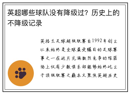 英超哪些球队没有降级过？历史上的不降级记录