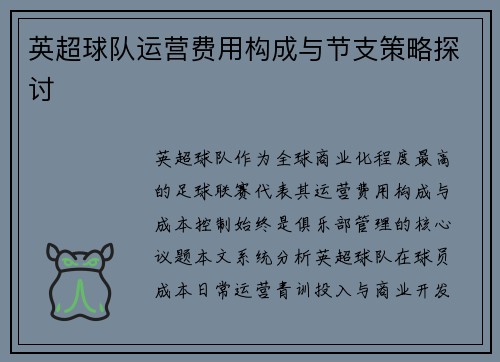 英超球队运营费用构成与节支策略探讨