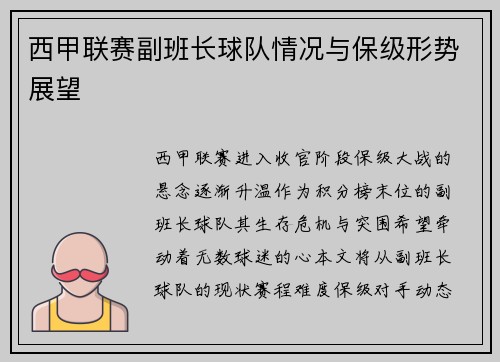西甲联赛副班长球队情况与保级形势展望