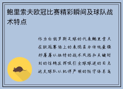 鲍里索夫欧冠比赛精彩瞬间及球队战术特点